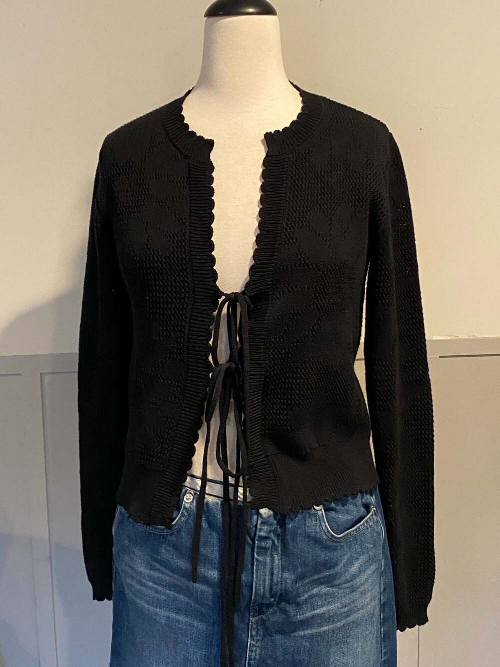 Rebecca Taylor Black Open Knit Tie Front Cardigan Sweater Size XS